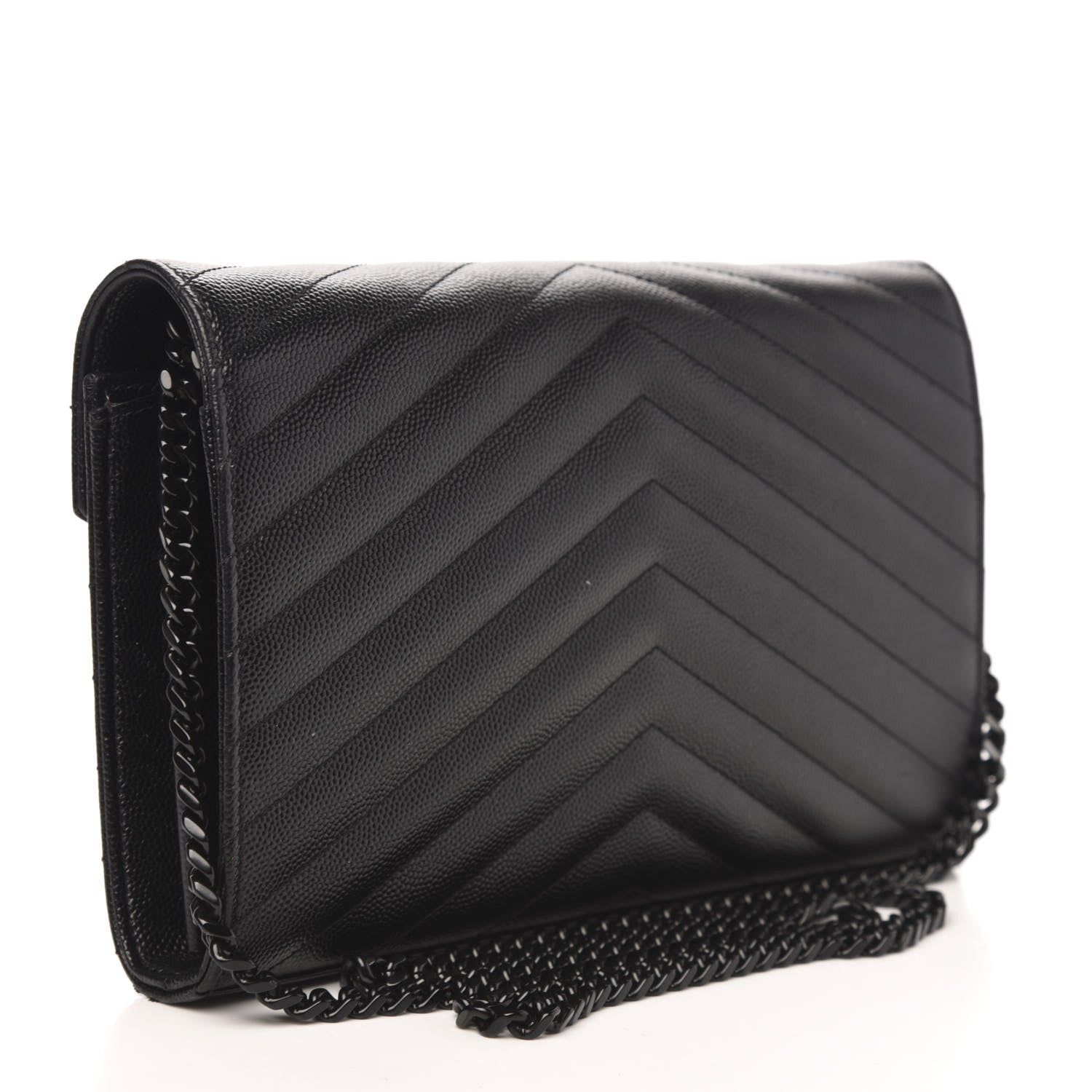 Saint Laurent Grain De Poudre Matelasse Chevron Monogram Chain Wallet Black 3 of 10