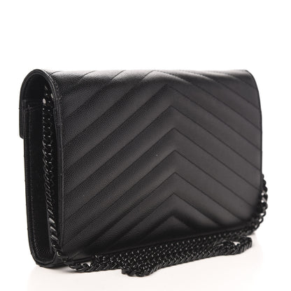 Saint Laurent Grain De Poudre Matelasse Chevron Monogram Chain Wallet Black 3 of 10