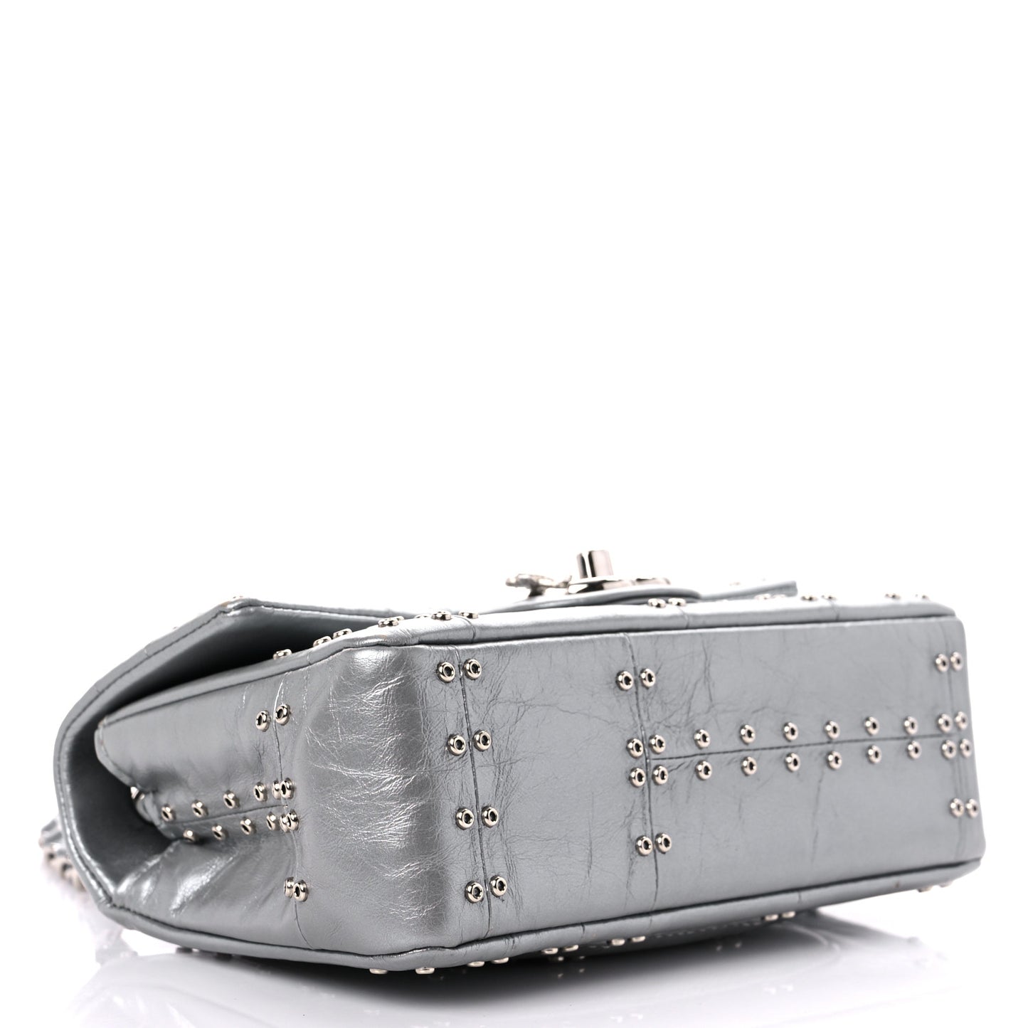 Glazed Calfskin Grommet Embellished Mini Airline Rectangular Flap Silver