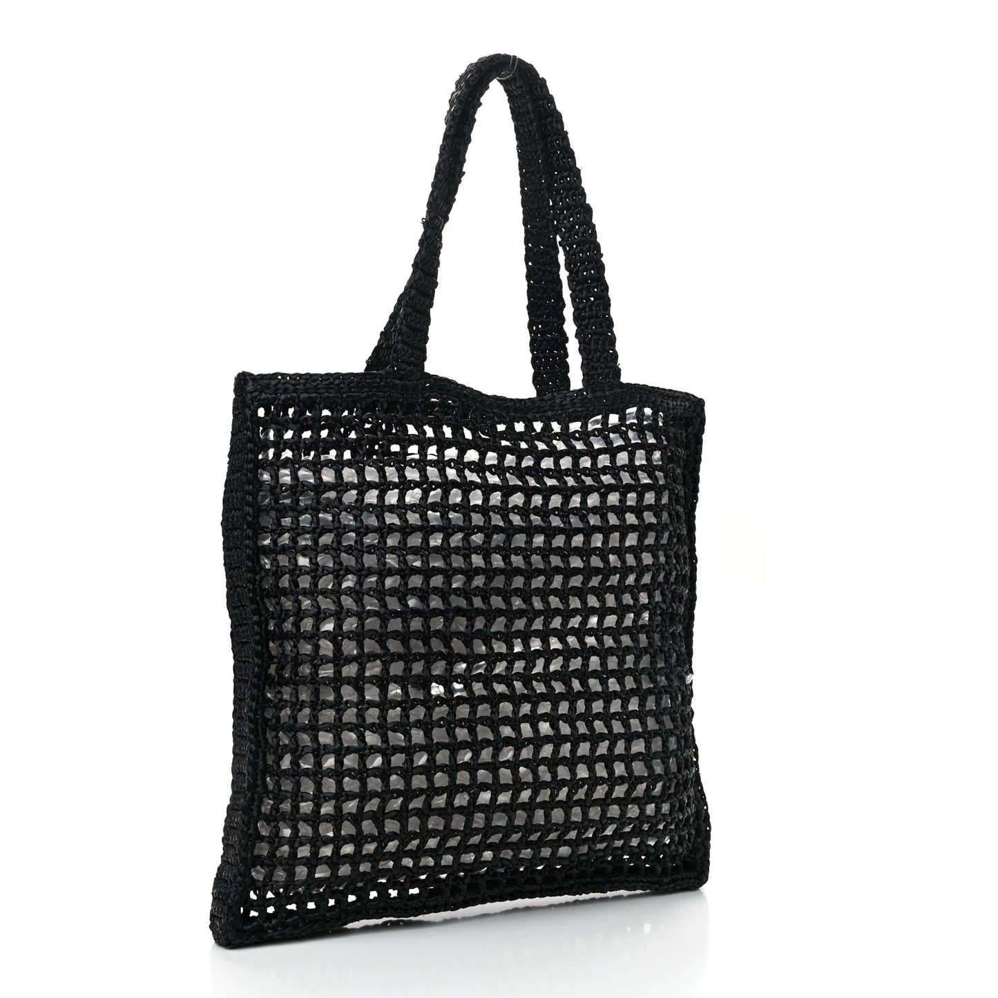 Yarn Raffia Effect Crochet Logo Embroidered Tote Bag Black