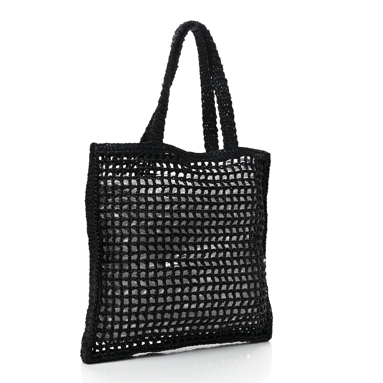 Prada Yarn Raffia Effect Crochet Logo Embroidered Tote Bag Black 2 of 9