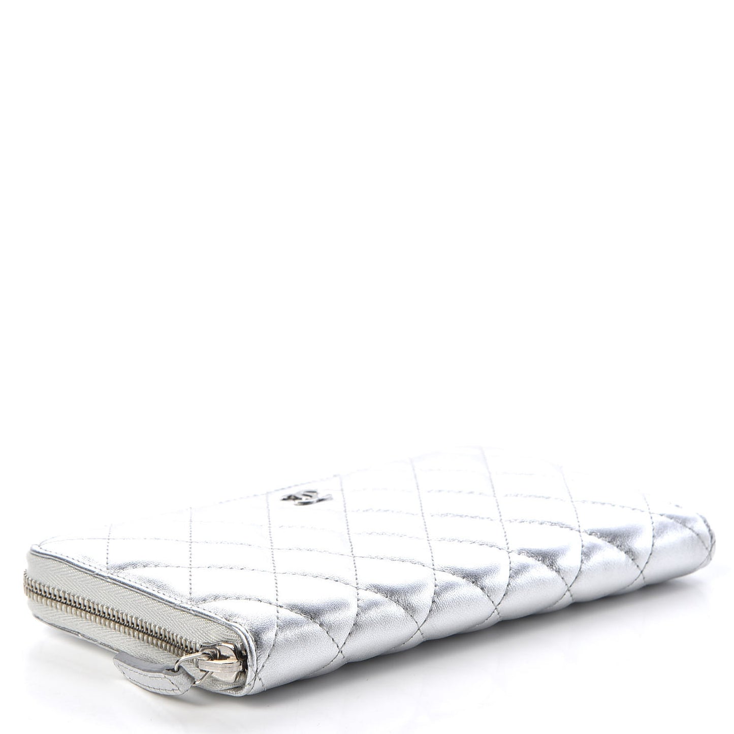 Metallic Lambskin Quilted Large Gusset Zip Around Wallet Silver