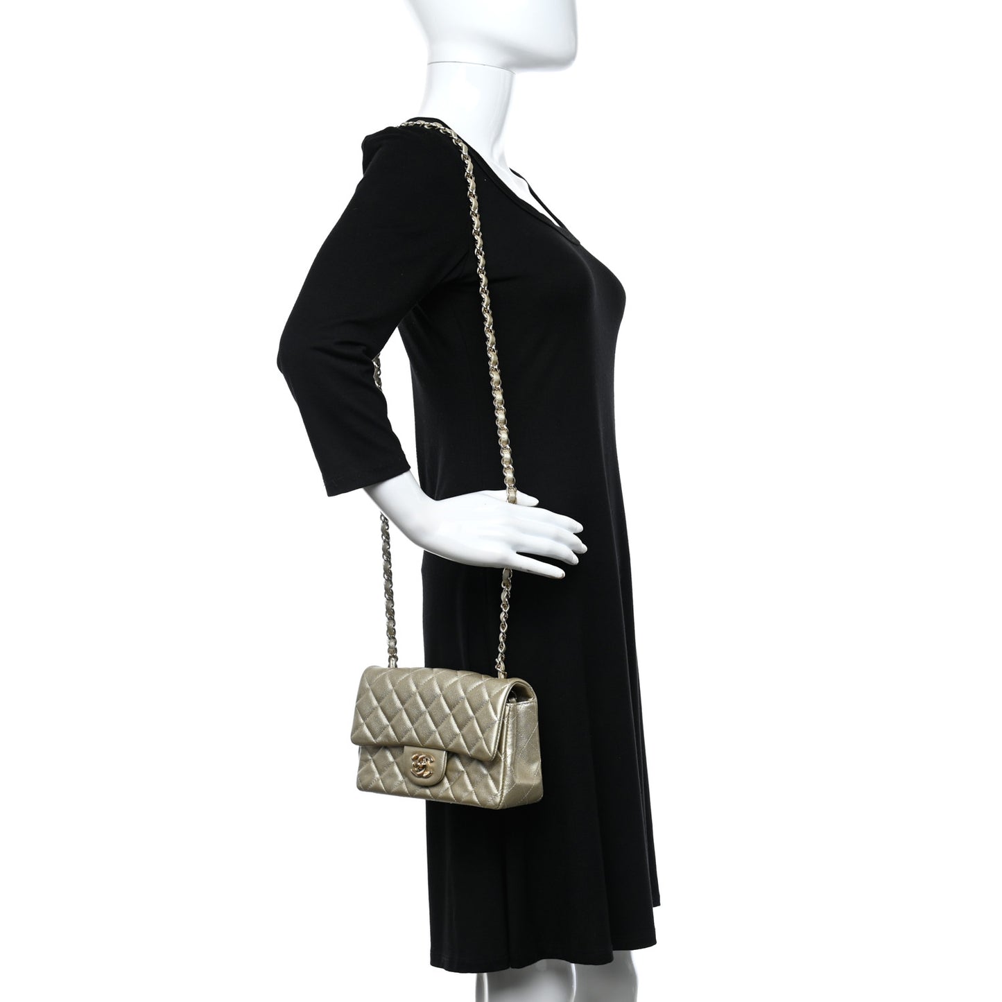 Metallic Caviar Quilted Mini Rectangular Flap Light Gold