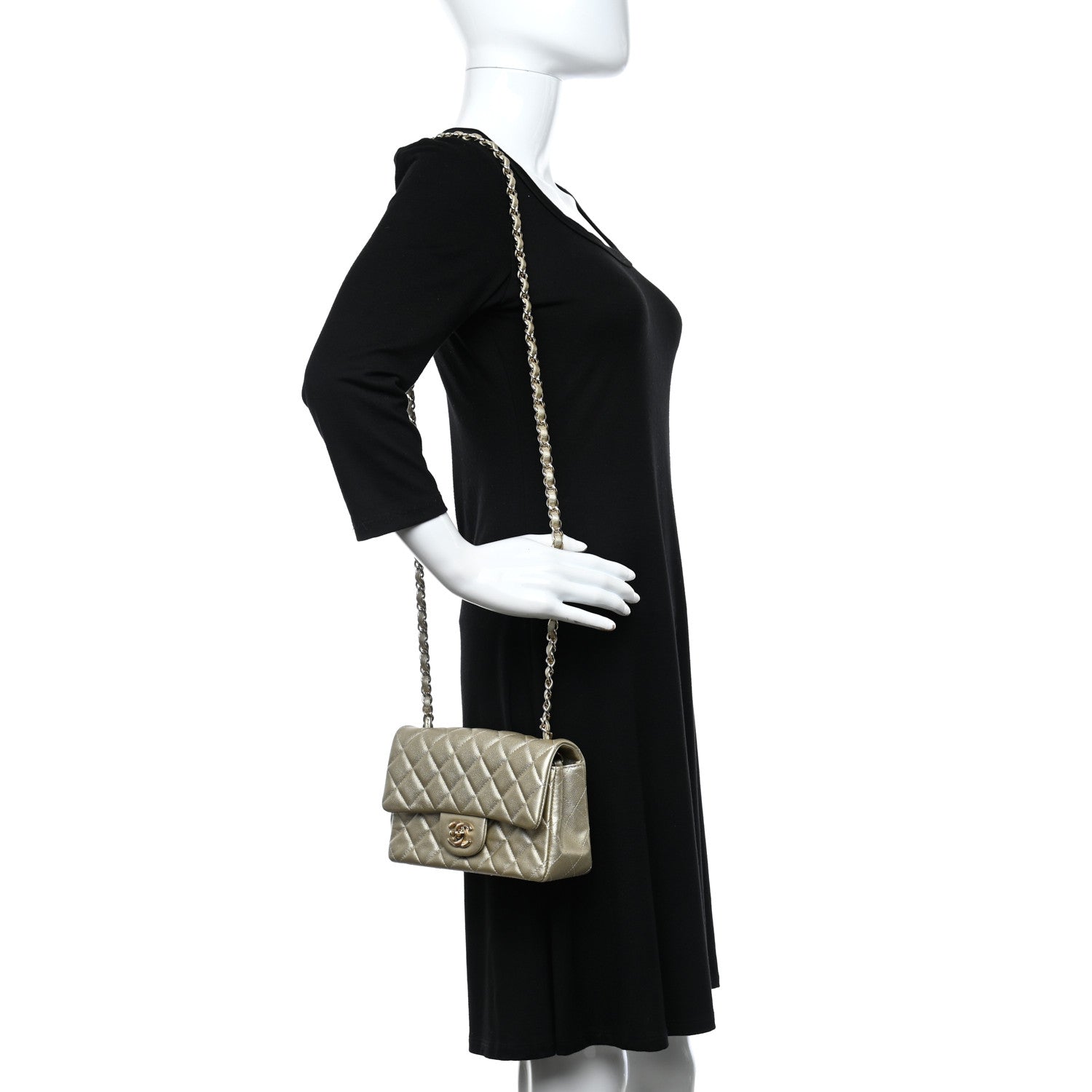 Chanel Metallic Caviar Quilted Mini Rectangular Flap Light Gold 2 of 9