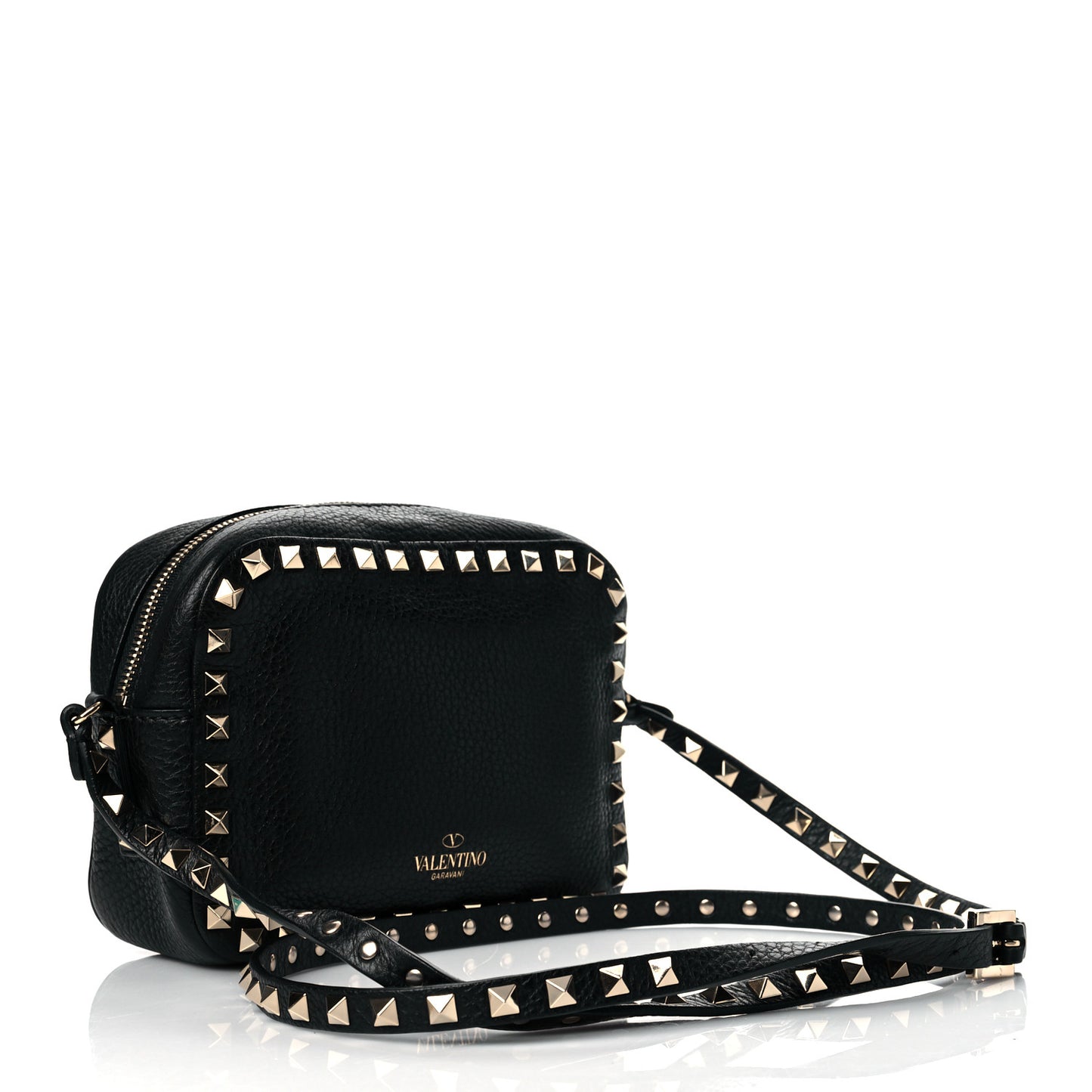 Pebbled Calfskin Rockstud Camera Crossbody Bag Black