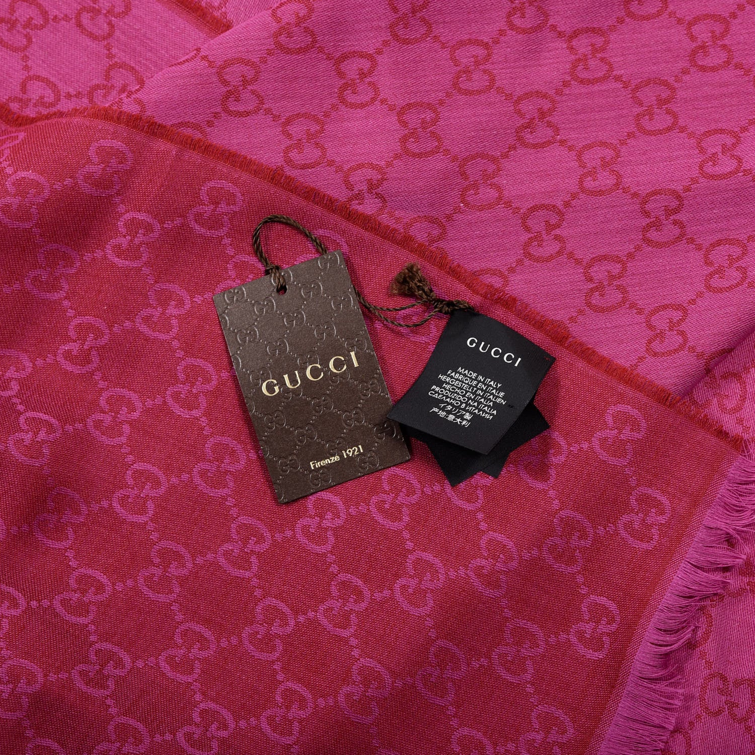 Gucci Wool Silk GG Monogram GGWeblong Fringe Scarf Shawl Red Pink 4 of 4