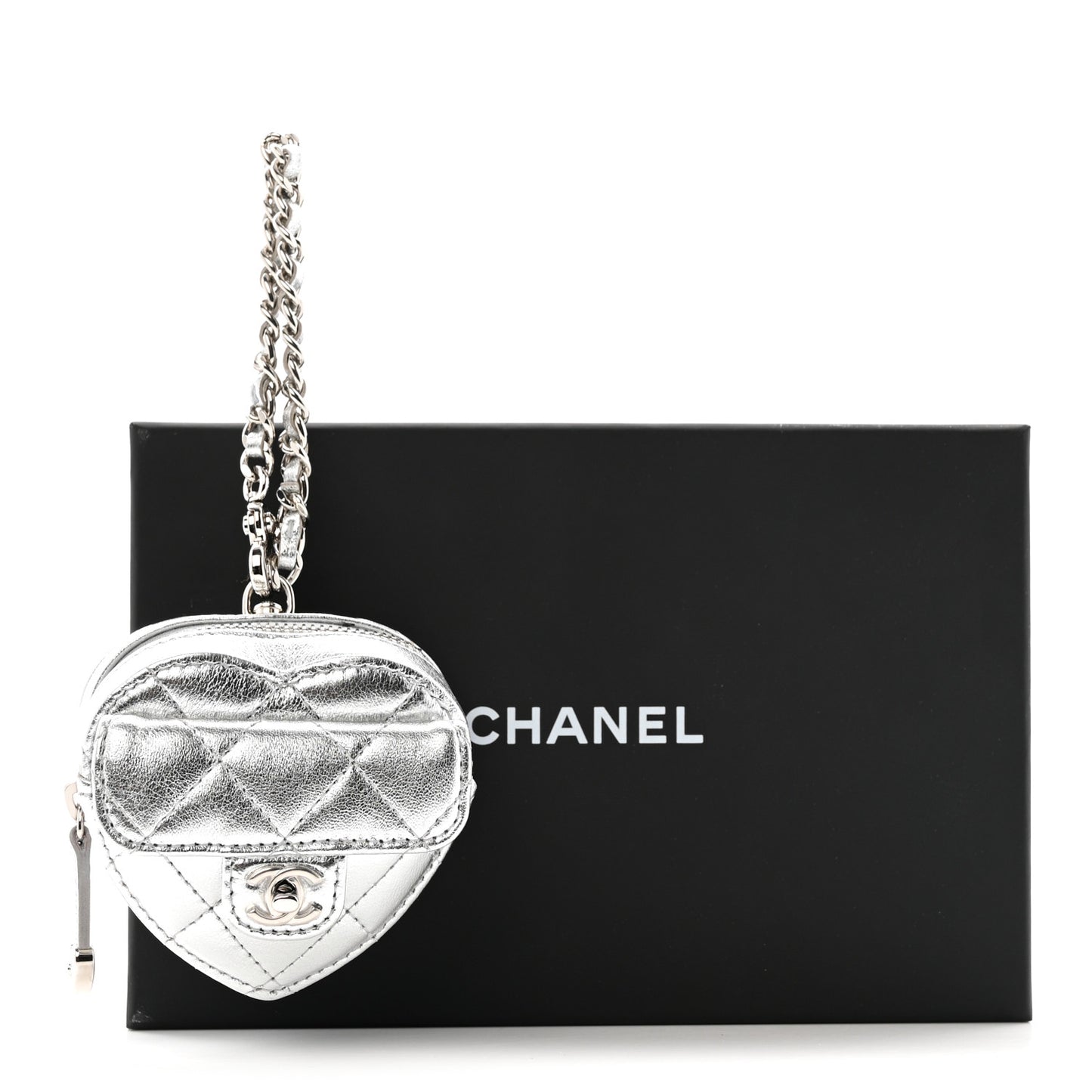 Metallic Lambskin Quilted CC Mini In Love Heart Bag Charm Silver