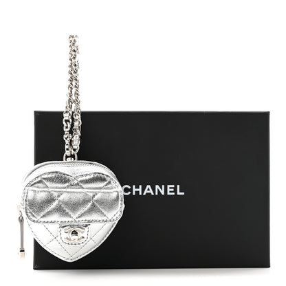 Chanel Metallic Lambskin Quilted CC Mini In Love Heart Bag Charm Silver 6 of 6