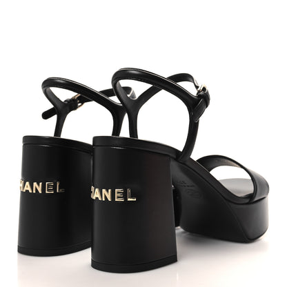 Chanel Lambskin Logo Platform Sandals 37.5 Black 4 of 9