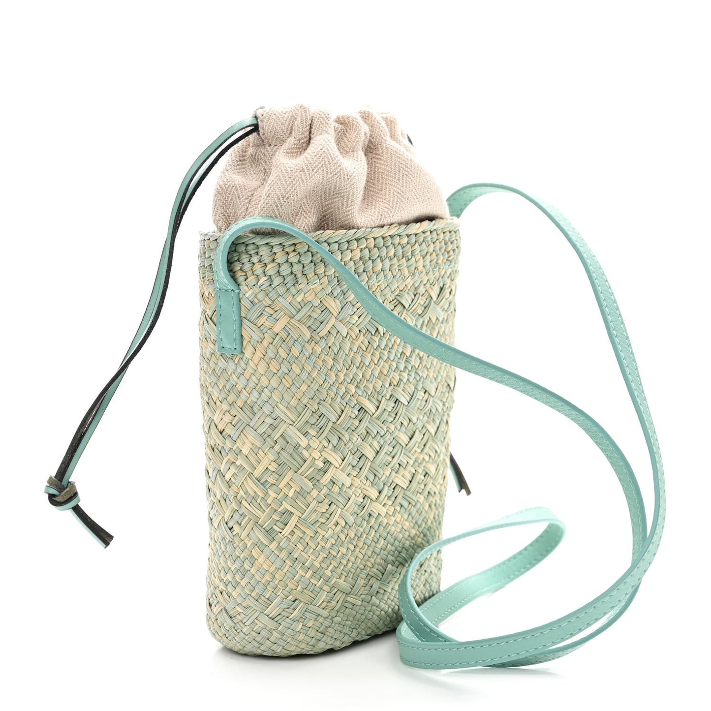 Iraca Palm Calfskin Anagram Square Pocket Bucket Bag Natural Fresh Mint