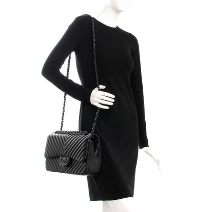 Chanel Lambskin Chevron Quilted Jumbo Double Flap So Black 2 of 15