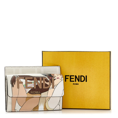 Fendi Glazed Fabric Vitello Liberty FF Logo Bikini Girls Inlay Fold Over Card Holder Wallet Bianco Perla Multicolor 13 of 13