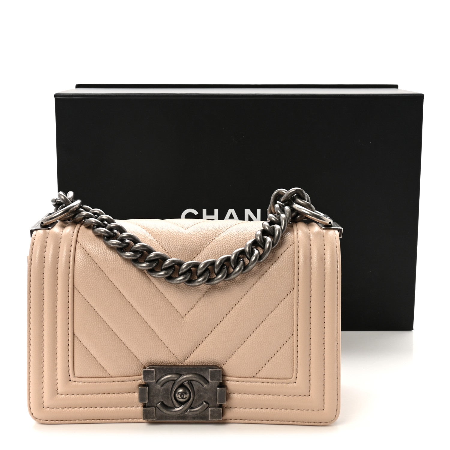 Chanel Caviar Chevron Quilted Small Boy Flap Light Beige 11 of 11