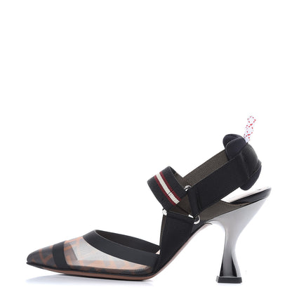 Fendi Technical Mesh FF Colibri 85mm Slingback Pumps 36 Tobacco Moro Bordeaux Black Military 1 of 8