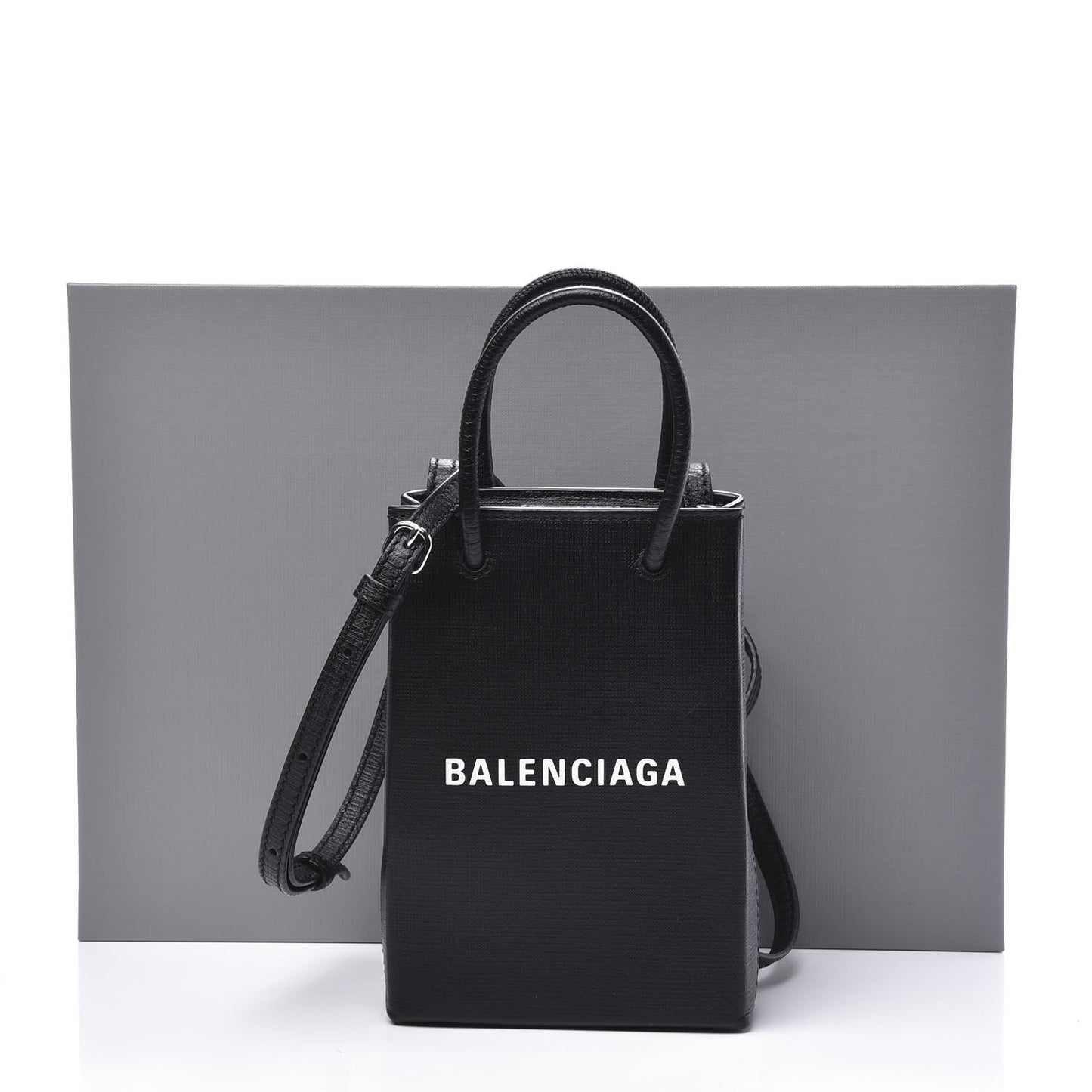 Squared Calfskin Logo Shopping Phone Holder Bag Black