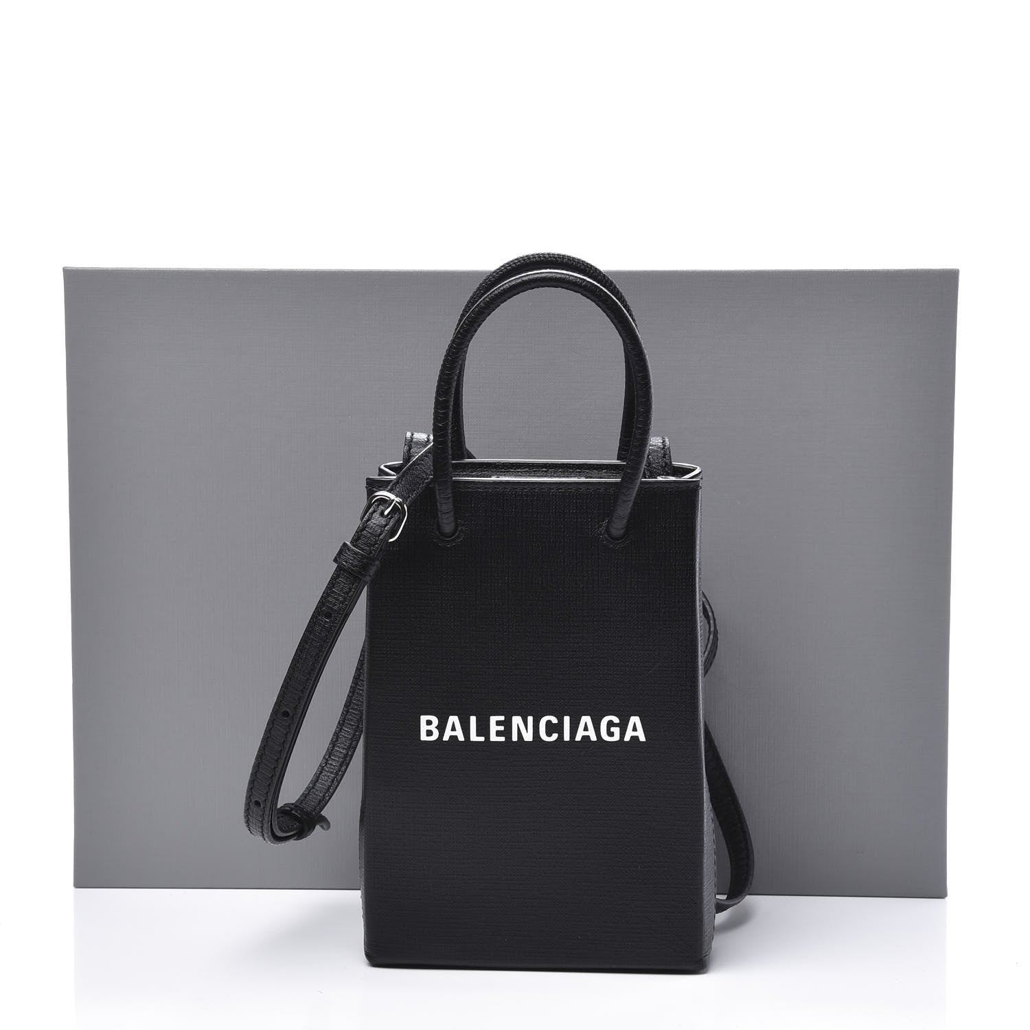 Balenciaga Squared Calfskin Logo Shopping Phone Holder Bag Black 9 of 9