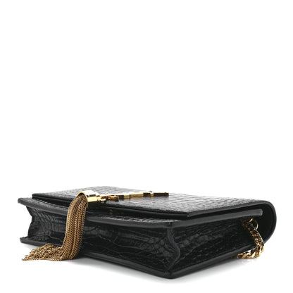 Saint Laurent Calfskin Crocodile Embossed Kate Monogram Tassel Chain Wallet Black 7 of 9