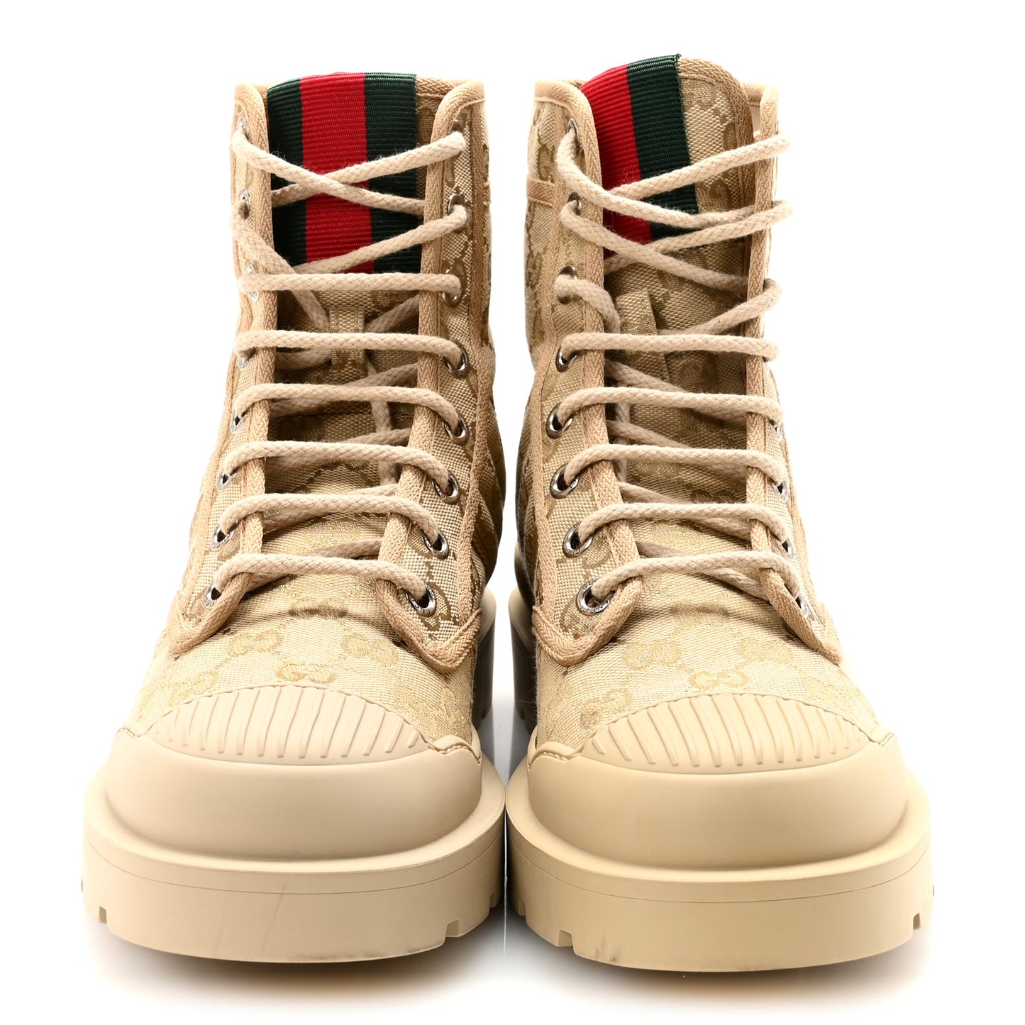 GG Monogram Web Mens Lug Sole Ankle Boots 7.5 New Sand