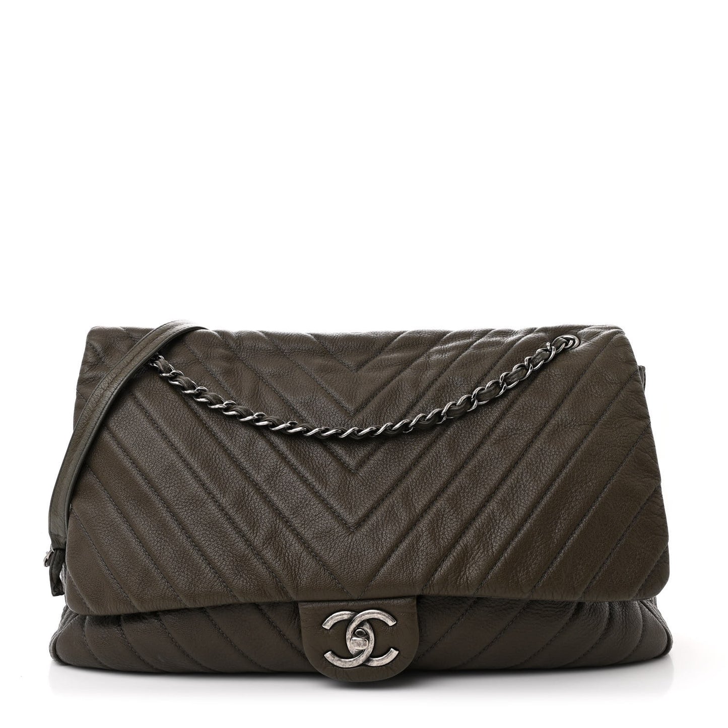 Calfskin Chevron Quilted XXL Travel Flap Bag Khaki