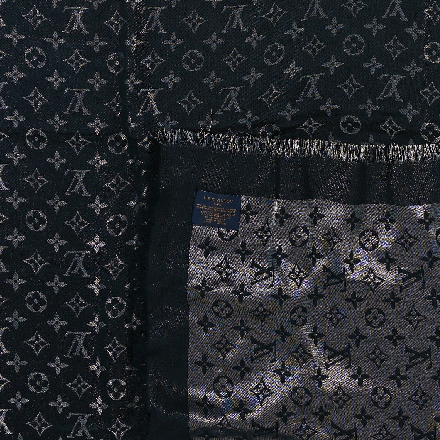 Louis Vuitton Silk Wool So Shine Monogram Shawl Grey Black 6 of 6