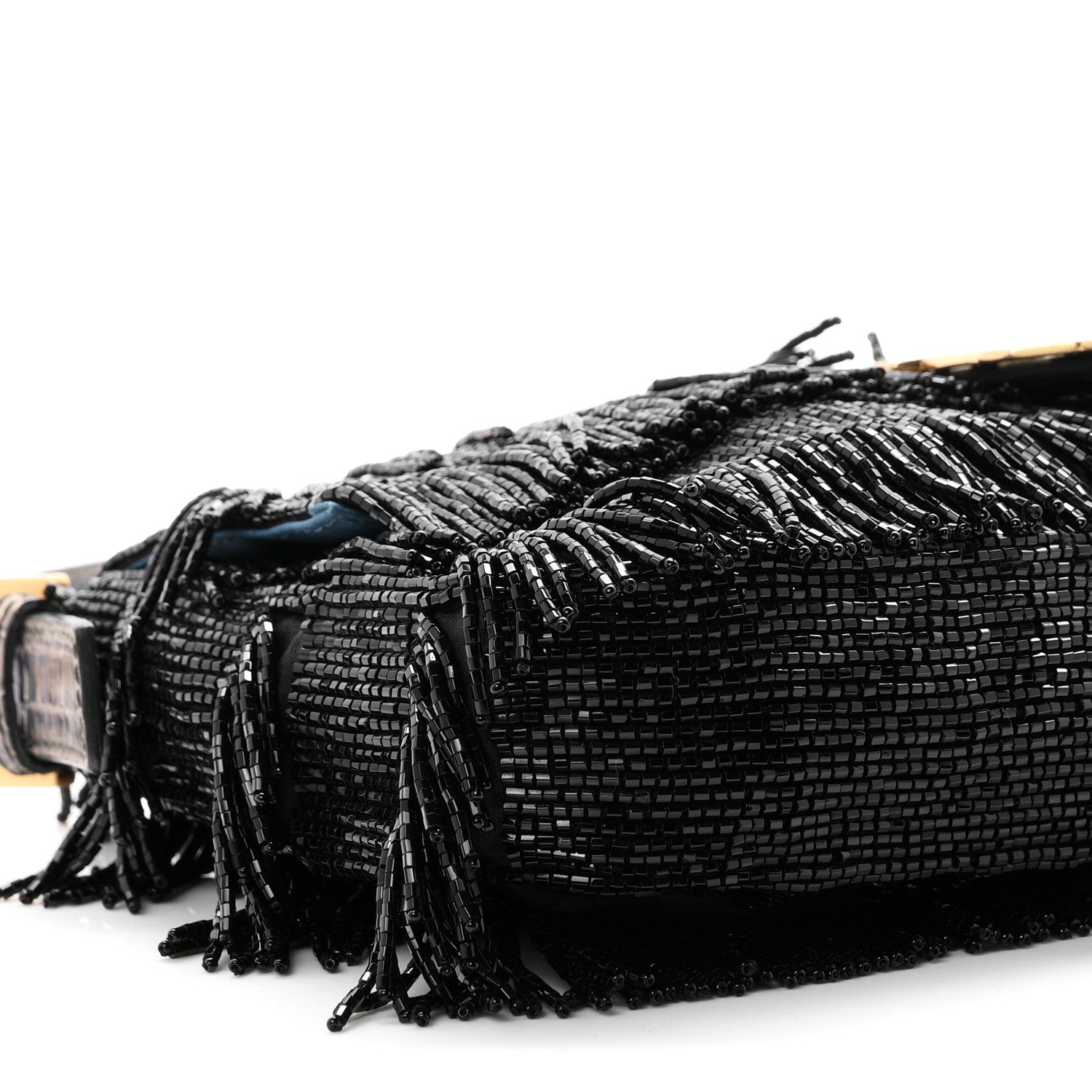 Fendi Iridescent Lizard Beaded Fringe Baguette Black 8 of 9