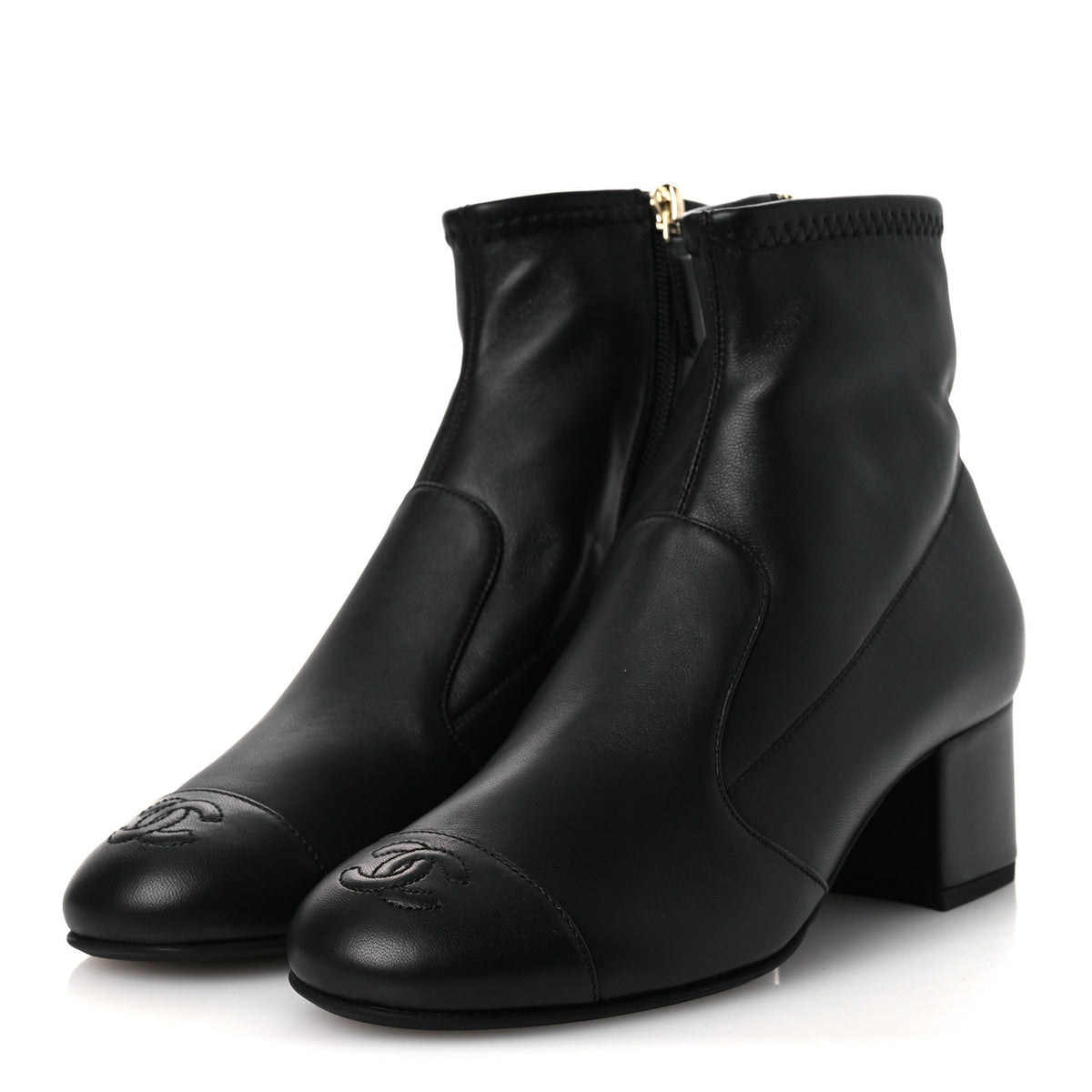 Stretch Lambskin Cap Toe CC Uniform Short Boots 36 Black