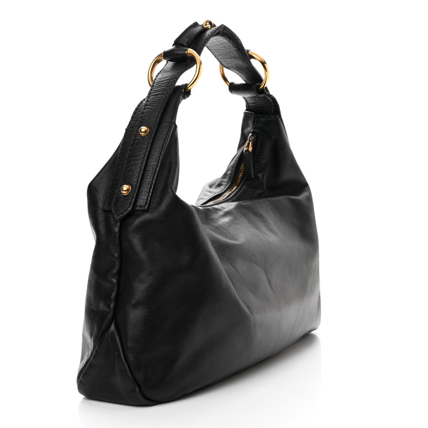 Calfskin Medium Horsebit Chain Hobo Black