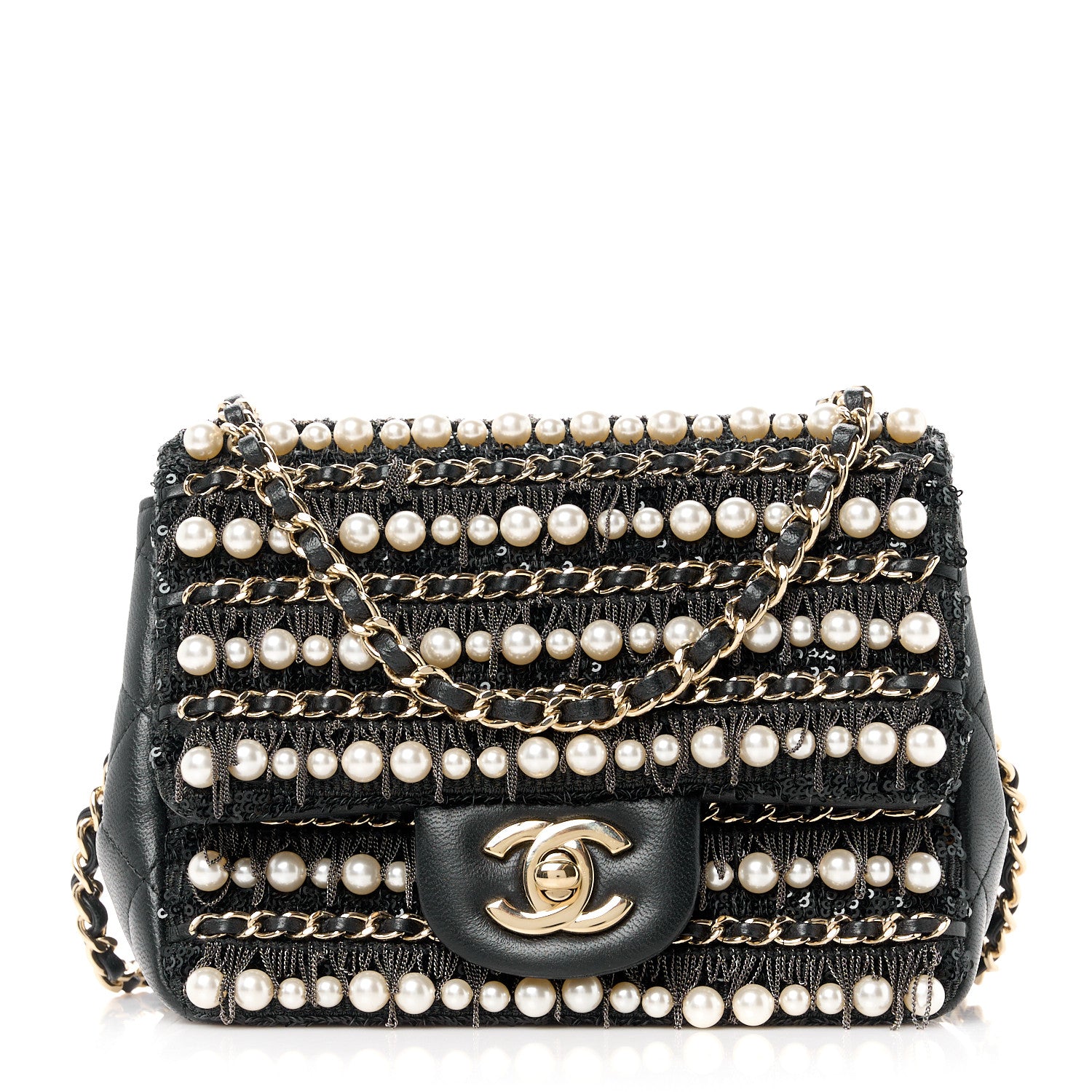 Chanel Lambskin Sequin Pearl Chain Fringe Mini Flap Black 1 of 12