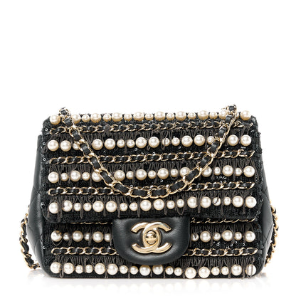 Chanel Lambskin Sequin Pearl Chain Fringe Mini Flap Black 1 of 12