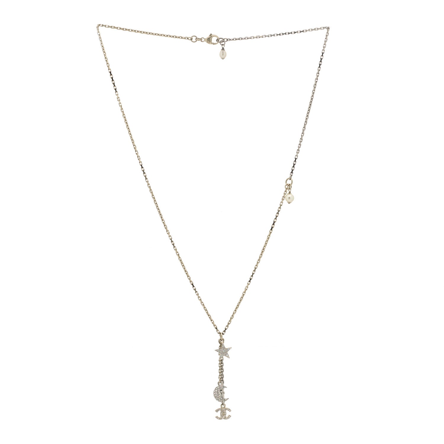 Chanel Crystal Pearl CC Moon Star Drop Necklace Gold 3 of 5