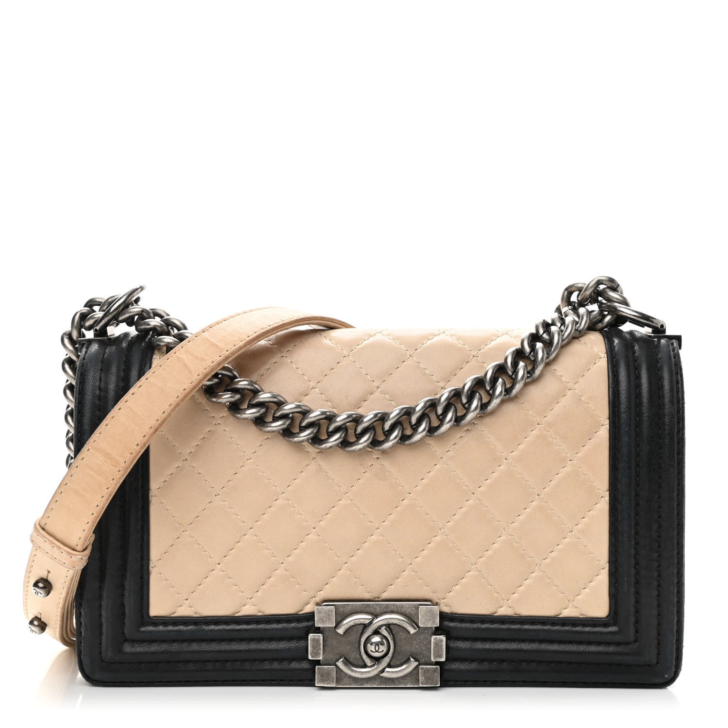 Chanel Lambskin Quilted Medium Boy Flap Black Beige 1 of 13