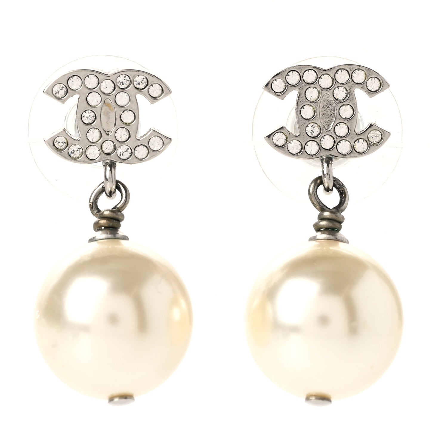 Crystal Pearl CC Drop Earrings Silver Pearly White