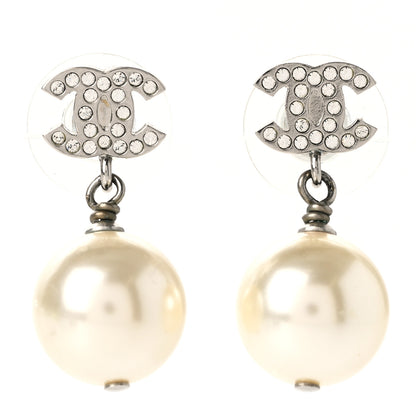 Chanel Crystal Pearl CC Drop Earrings Silver Pearly White 1 of 5