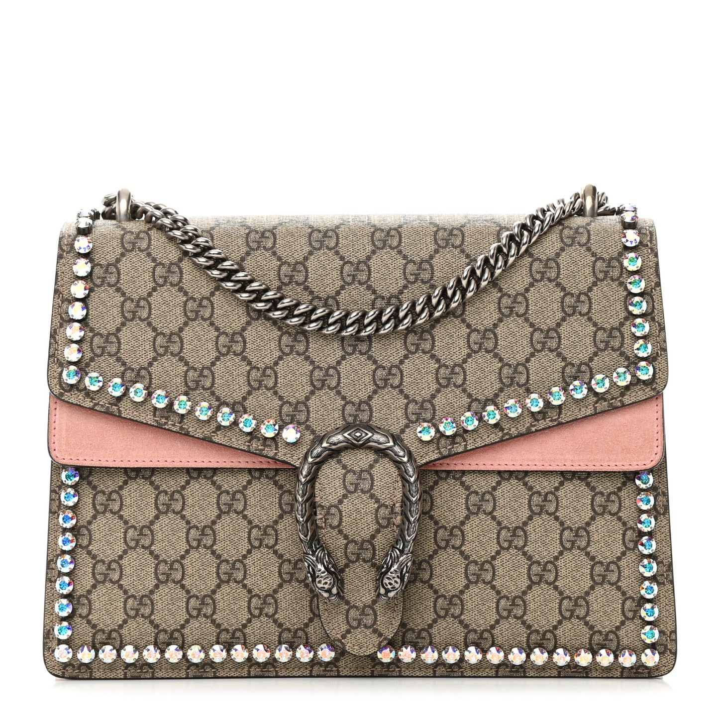GG Supreme Monogram Suede Crystal Medium Dionysus Shoulder Bag Beige Ebony Light Peonia