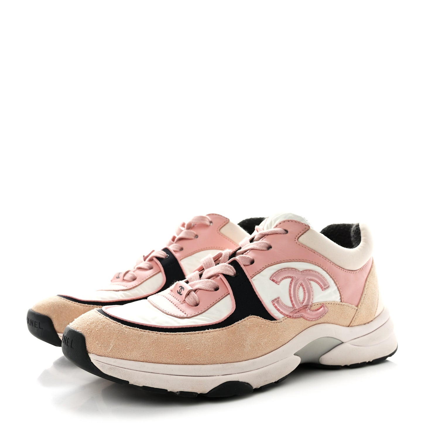 Nylon Lambskin Suede Calfskin CC Sneakers 38.5 Pink White Black