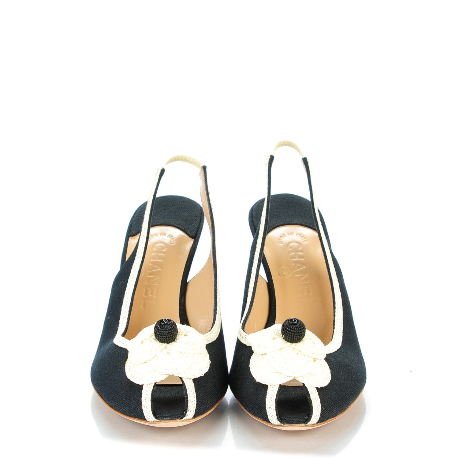 Chanel Canvas Crochet Camellia Peep Toe Pumps 38.5 Black 2 of 7