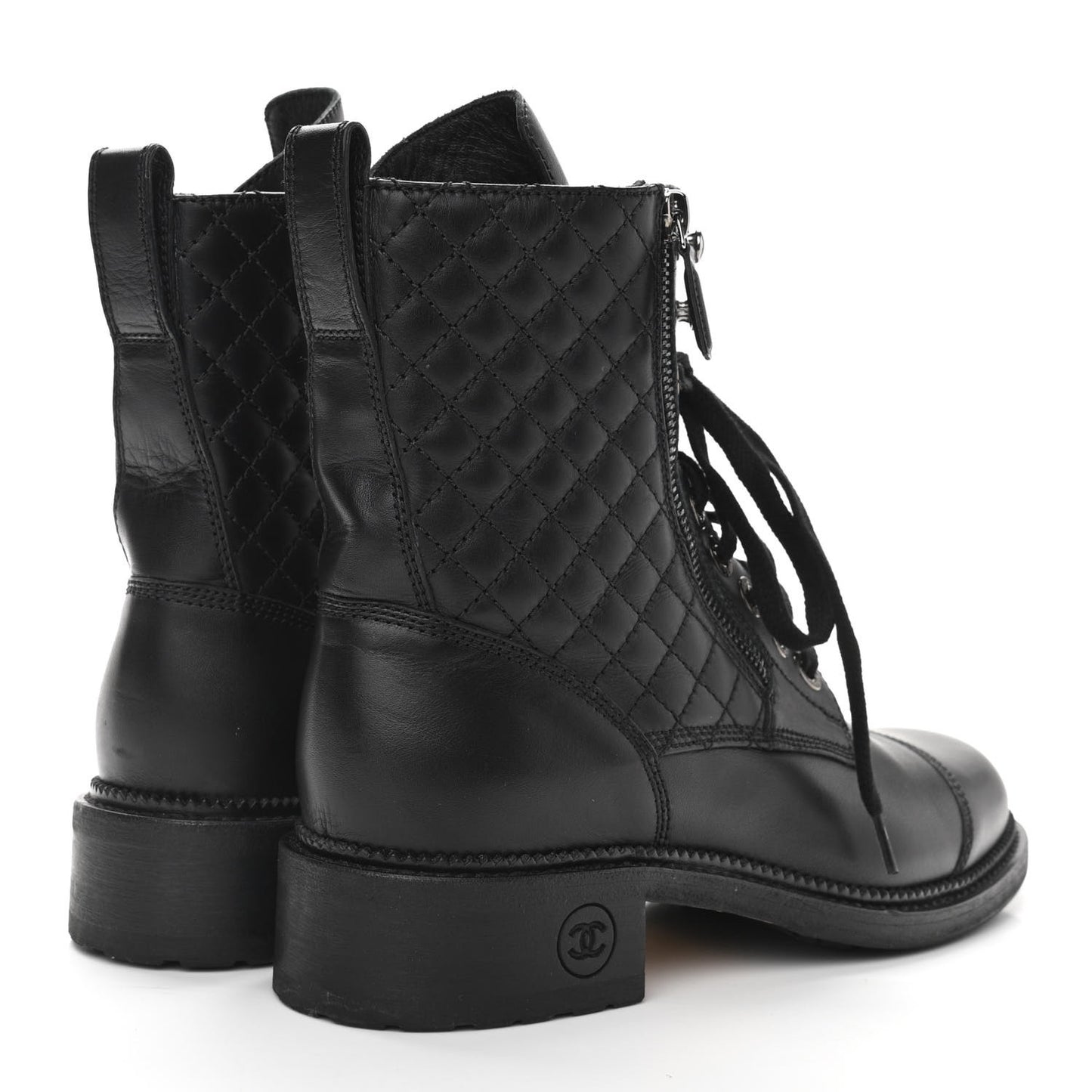 Calfskin Quilted Lace Up Boots 39 Black