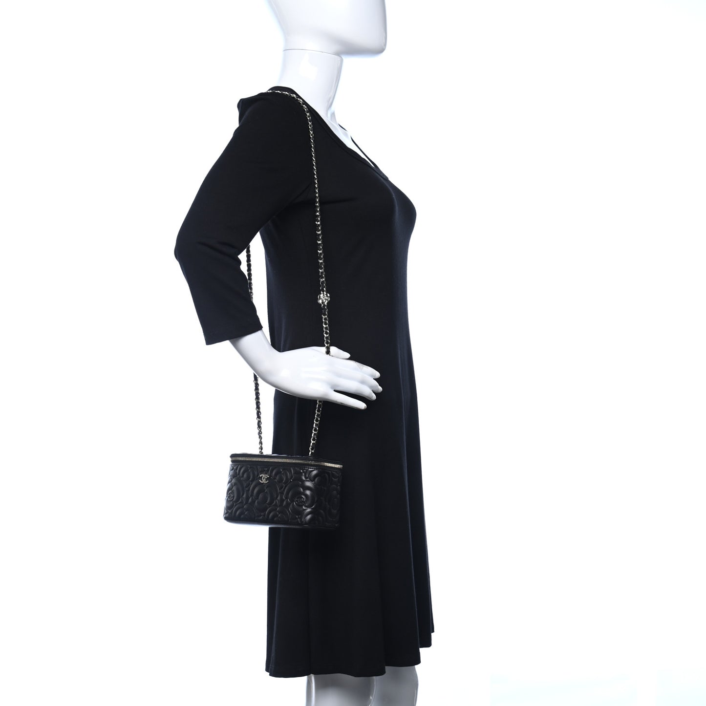Lambskin Camellia Embossed Small Vanity Case With Chain Black