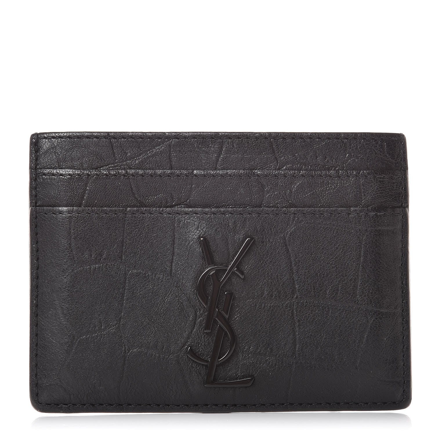 Saint Laurent Calfskin Crocodile Embossed Monogram Credit Card Case Black 1 of 12