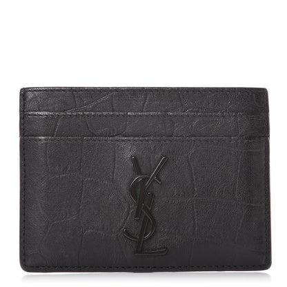Saint Laurent Calfskin Crocodile Embossed Monogram Credit Card Case Black 1 of 12