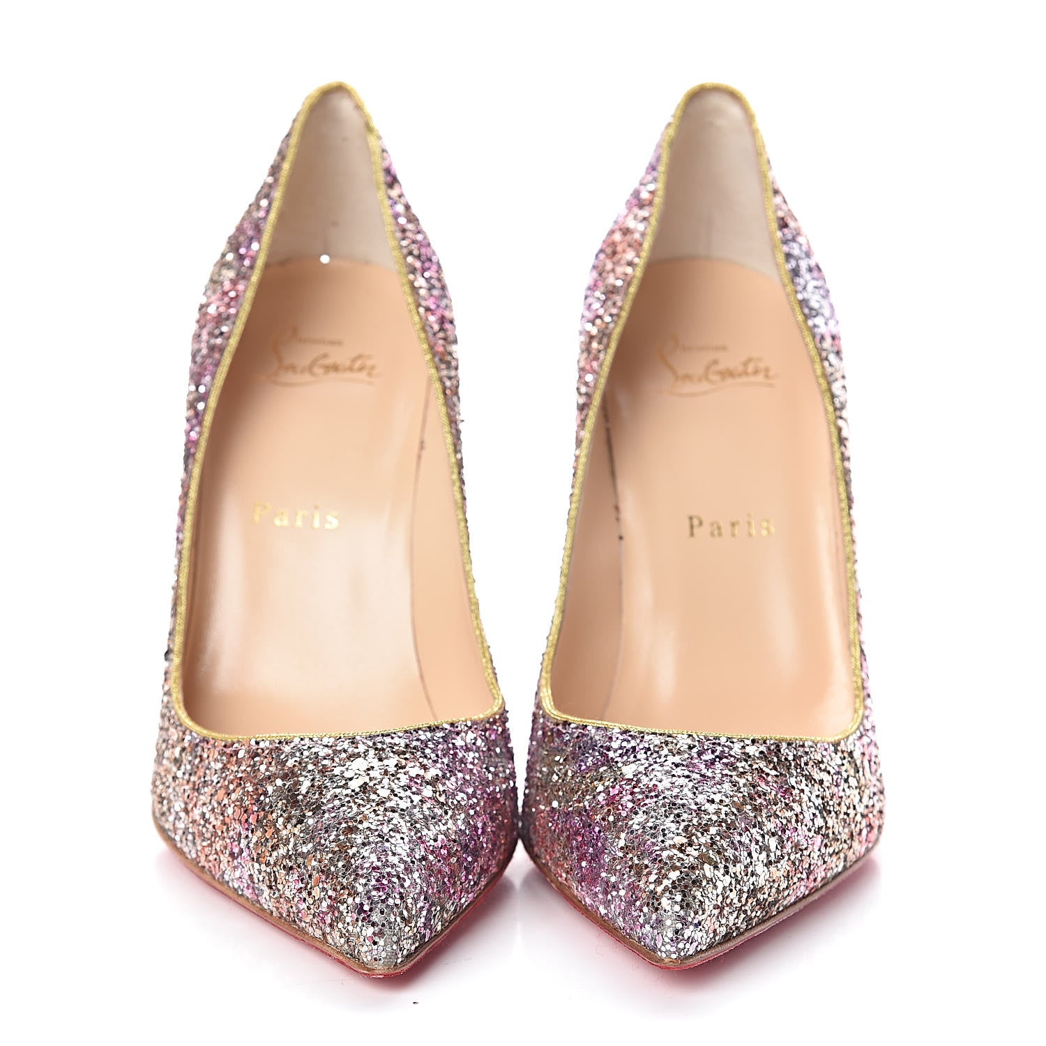 Christian Louboutin Glitter Aqua Ruban Metallic Pigalle Follies 100 Pumps 38 Rosette Gold 2 of 11