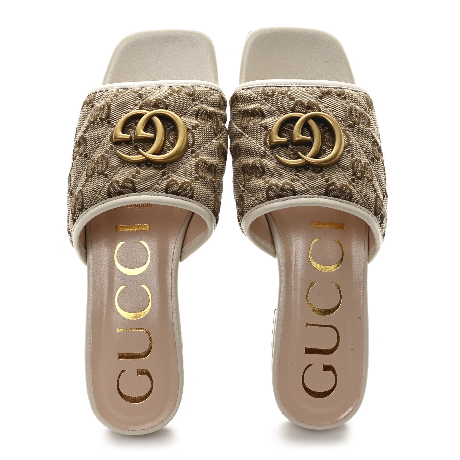 Gucci Monogram Matelasse Diagonal GG Marmont Flat Slide Sandals  35 Beige Ebony Mystic White 2 of 10
