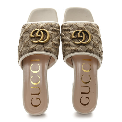 Gucci Monogram Matelasse Diagonal GG Marmont Flat Slide Sandals  35 Beige Ebony Mystic White 2 of 10