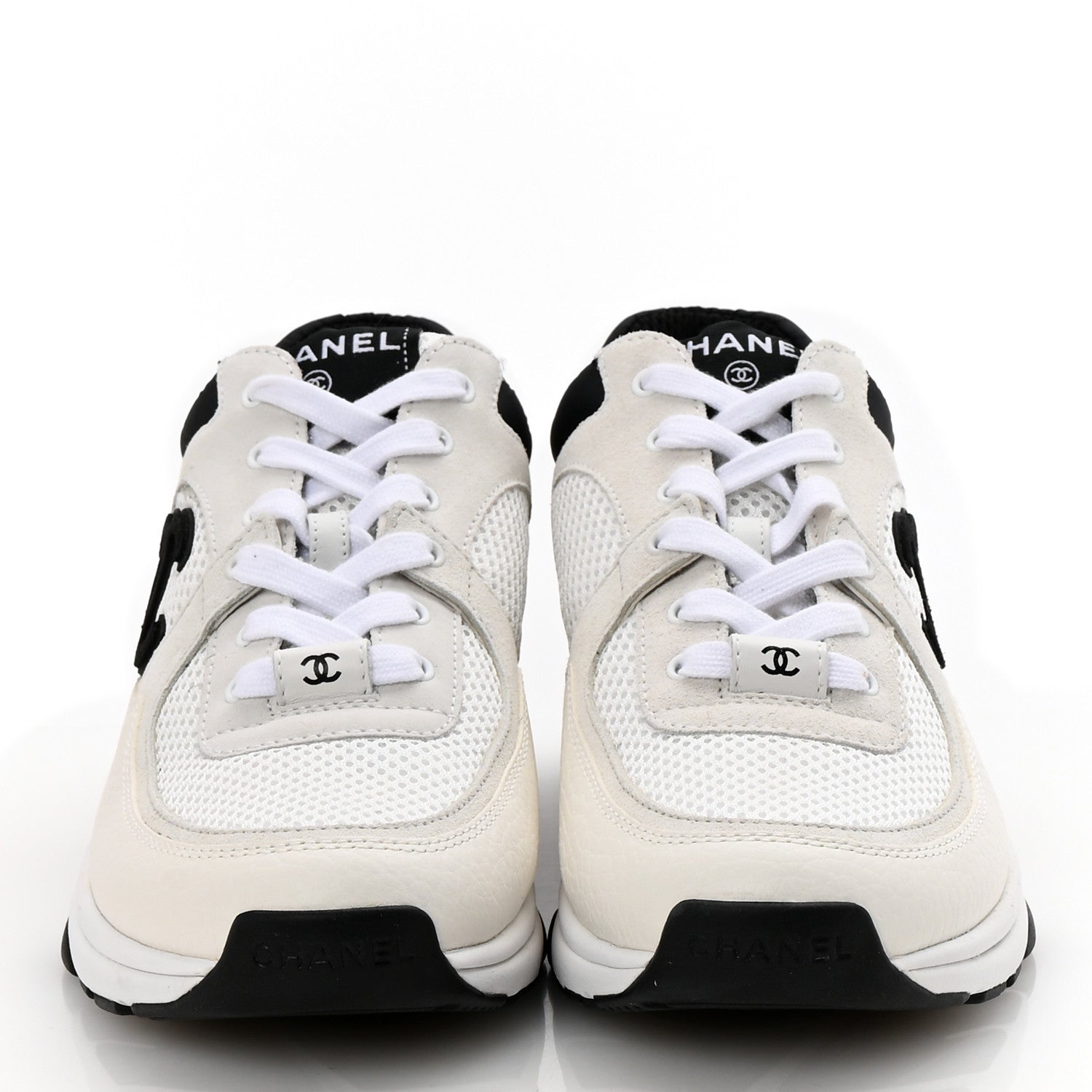 Chanel Mesh Suede Calfskin Grained Calfskin Womens CC Sneakers 37.5 White Black 2 of 10