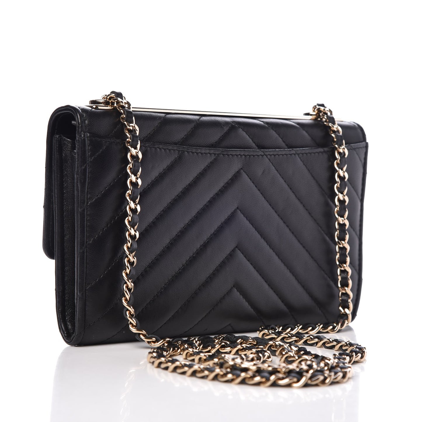 Lambskin Chevron Quilted Trendy CC Wallet On Chain WOC Black