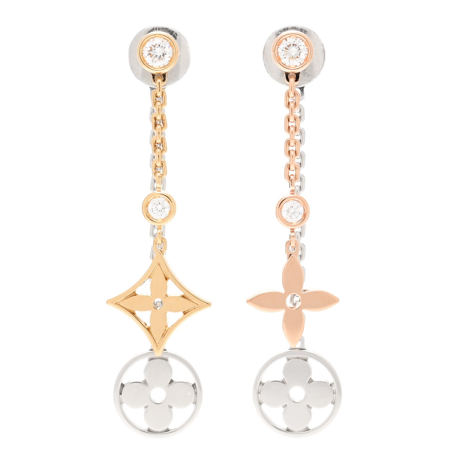 Louis Vuitton 18K Yellow White Pink Gold Diamond Blossom Long Drop Earrings 1 of 5