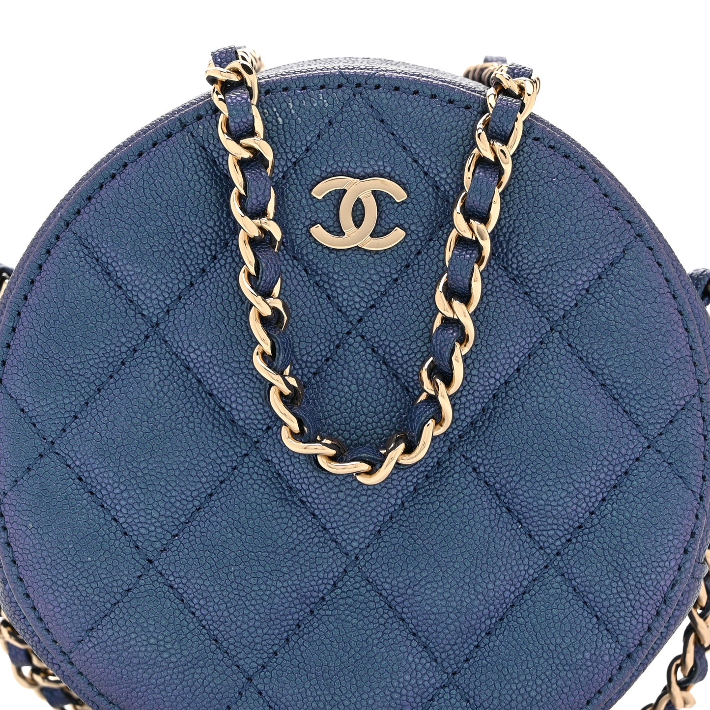 Iridescent Caviar Quilted Round Clutch With Chain Blue