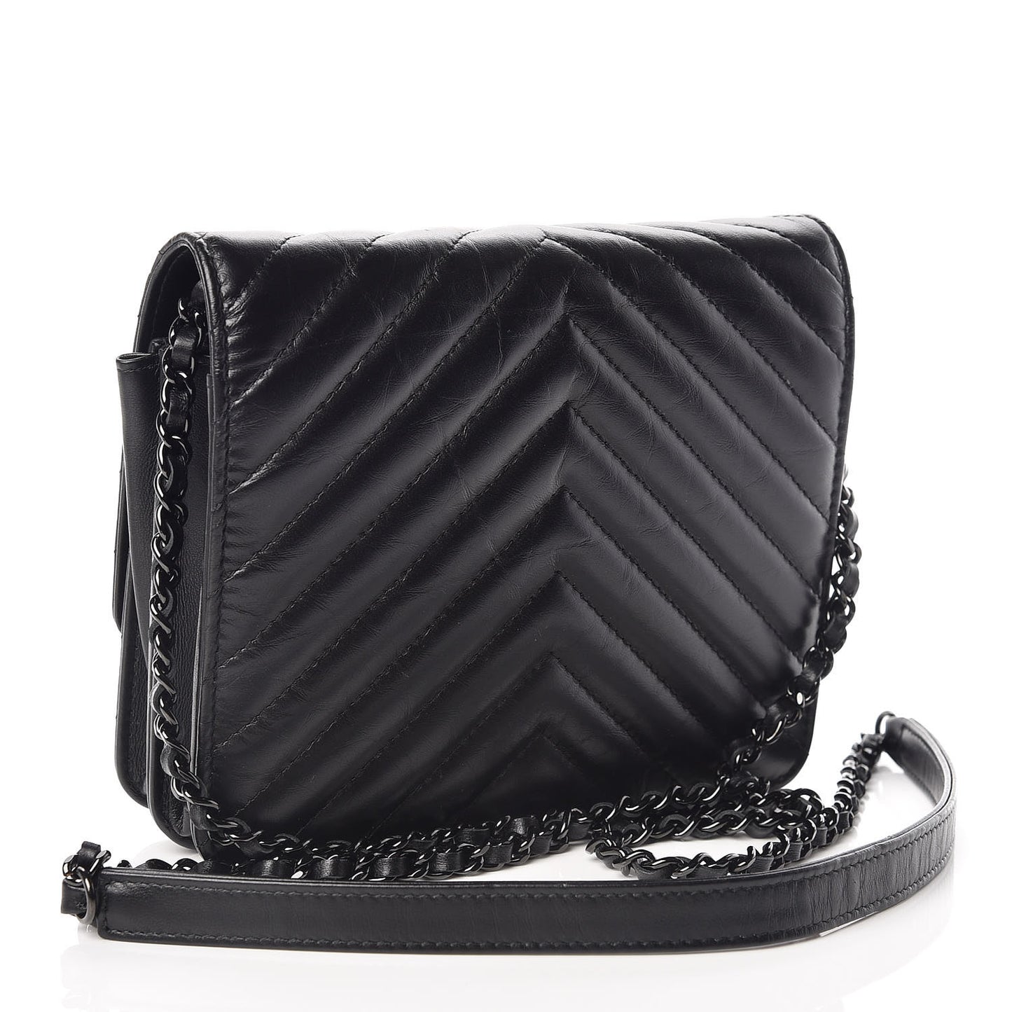 Aged Calfskin Chevron Quilted Reissue 2.55 Square Wallet On Chain WOC So Black