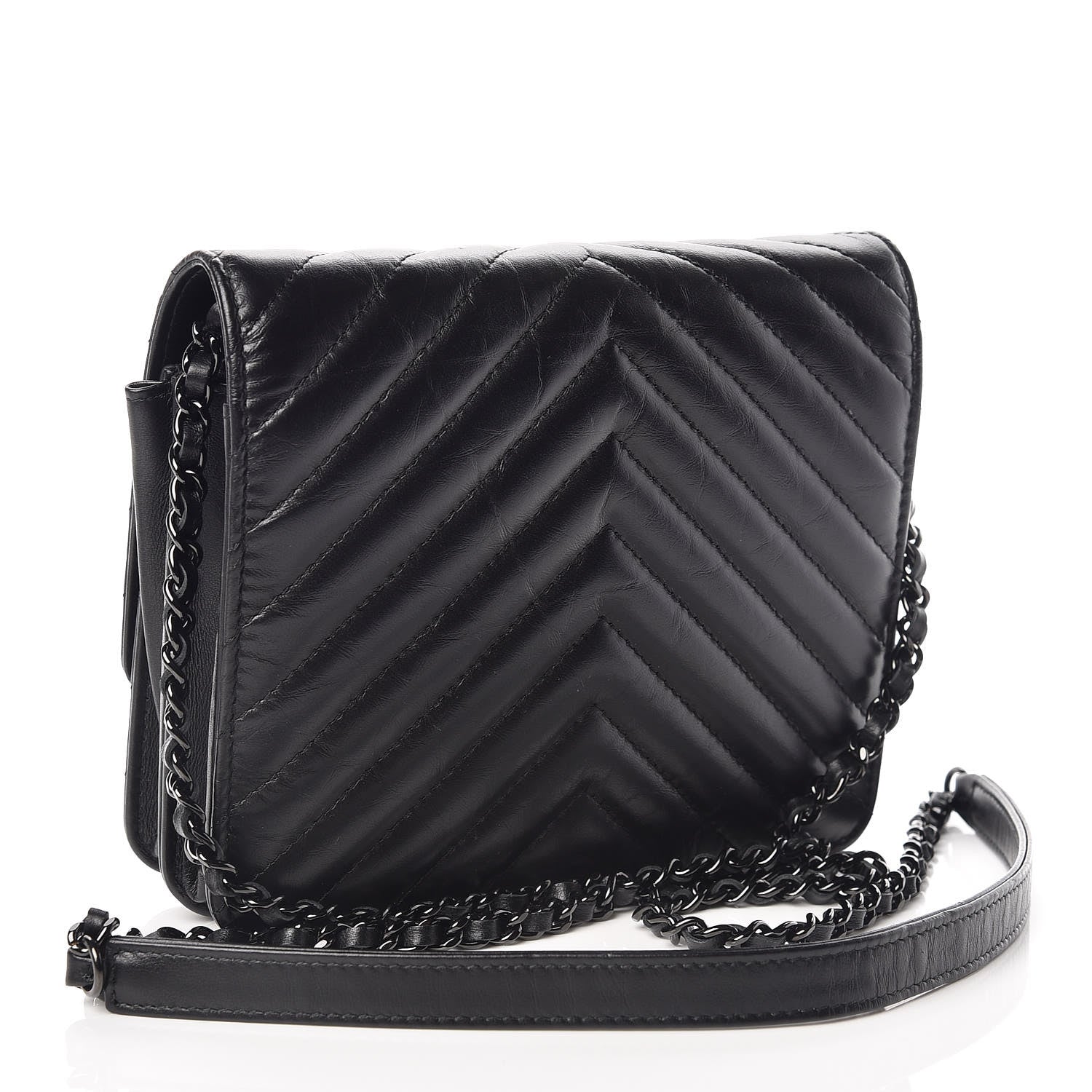 Chanel Aged Calfskin Chevron Quilted Reissue 2.55 Square Wallet On Chain WOC So Black 3 of 10