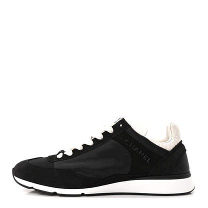 Chanel Nylon Suede Kidskin Calfskin Logo Sneakers 38 Black White 1 of 10